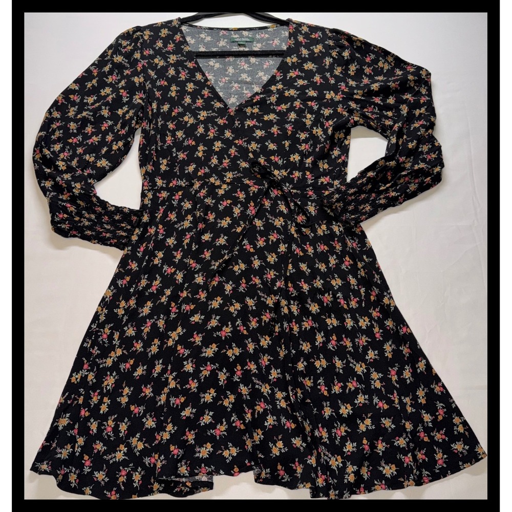 Wild Fable Floral Wrap Dress Women Medium Black Long Sleeve V-Neck Mini Casual